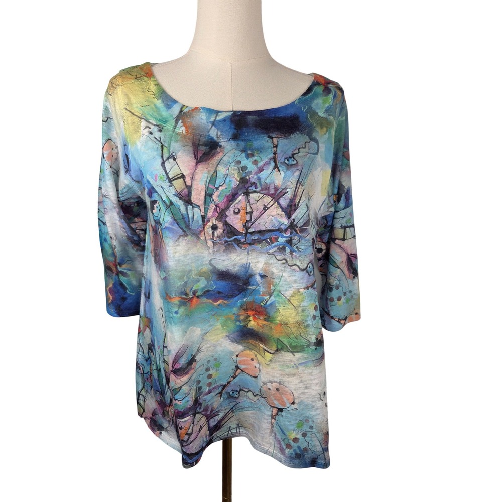 Et' Lois Tunic Size S Blue Multi Abstract Watercolor Art to Wear High Low Top